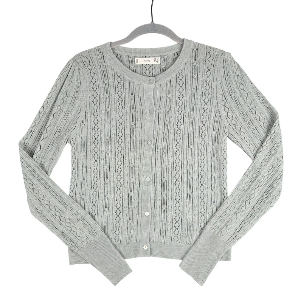 MNG Mango Sage Green Pointelle Open Knit Cardigan Sweater XS Delicate Twee
